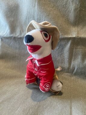 Target Red and White Cowboy Dog Plush Toy with Tan Hat Denim jeans and chaps